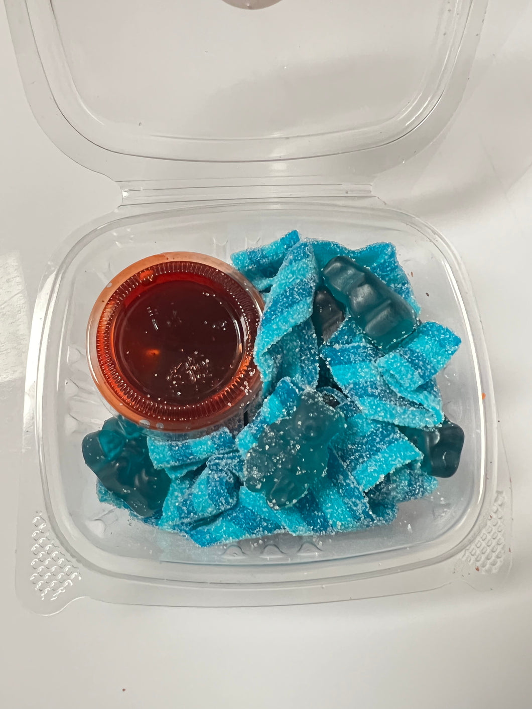 Mini blue sourbelts/gummybears with Chamoy